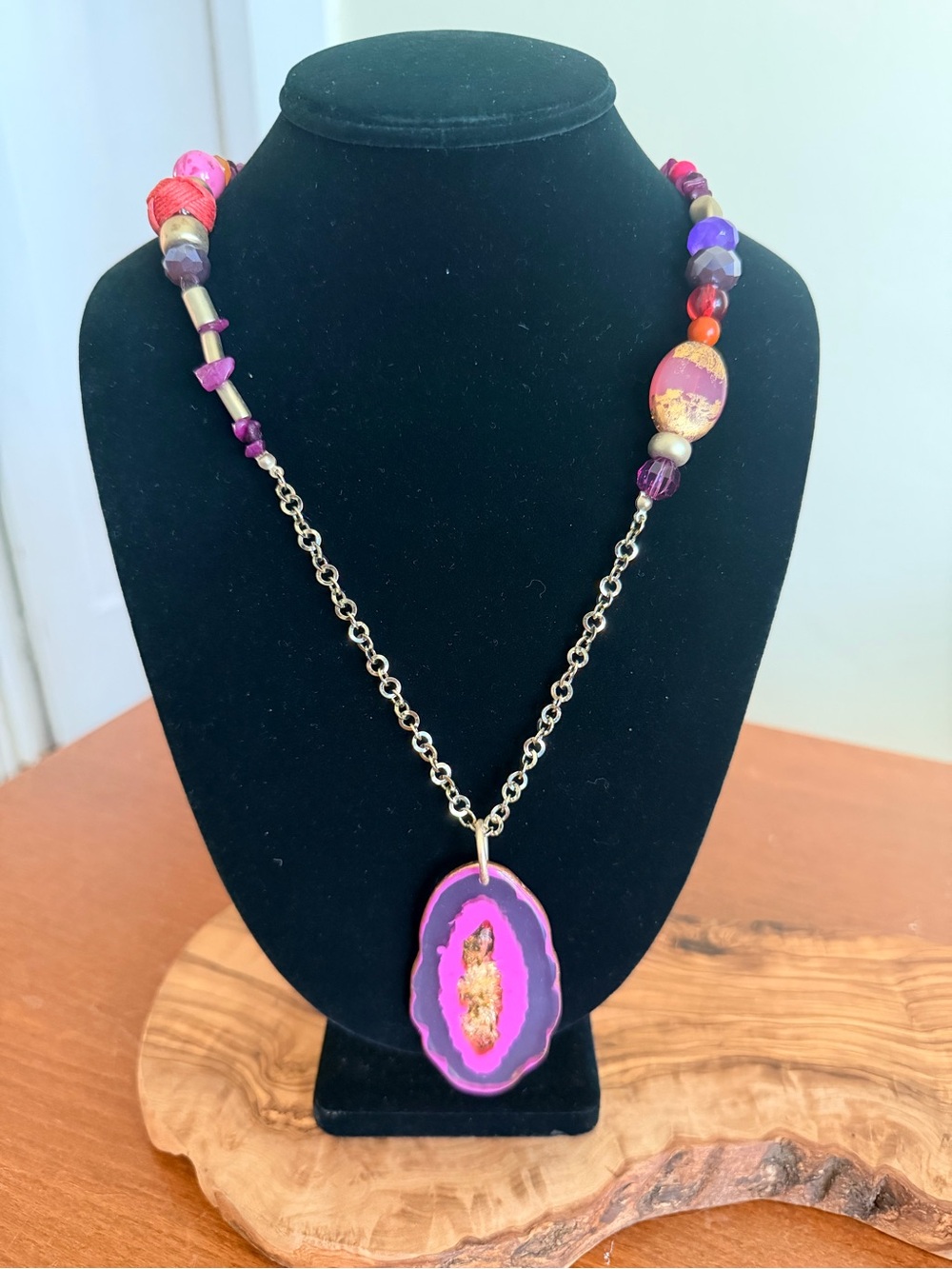Chico's Pink and Purple Agate Like  Pendant Necklace with Gold Accents
